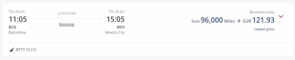 An award flight from Barcelona to Mexico City on Emirates for 96,000 miles